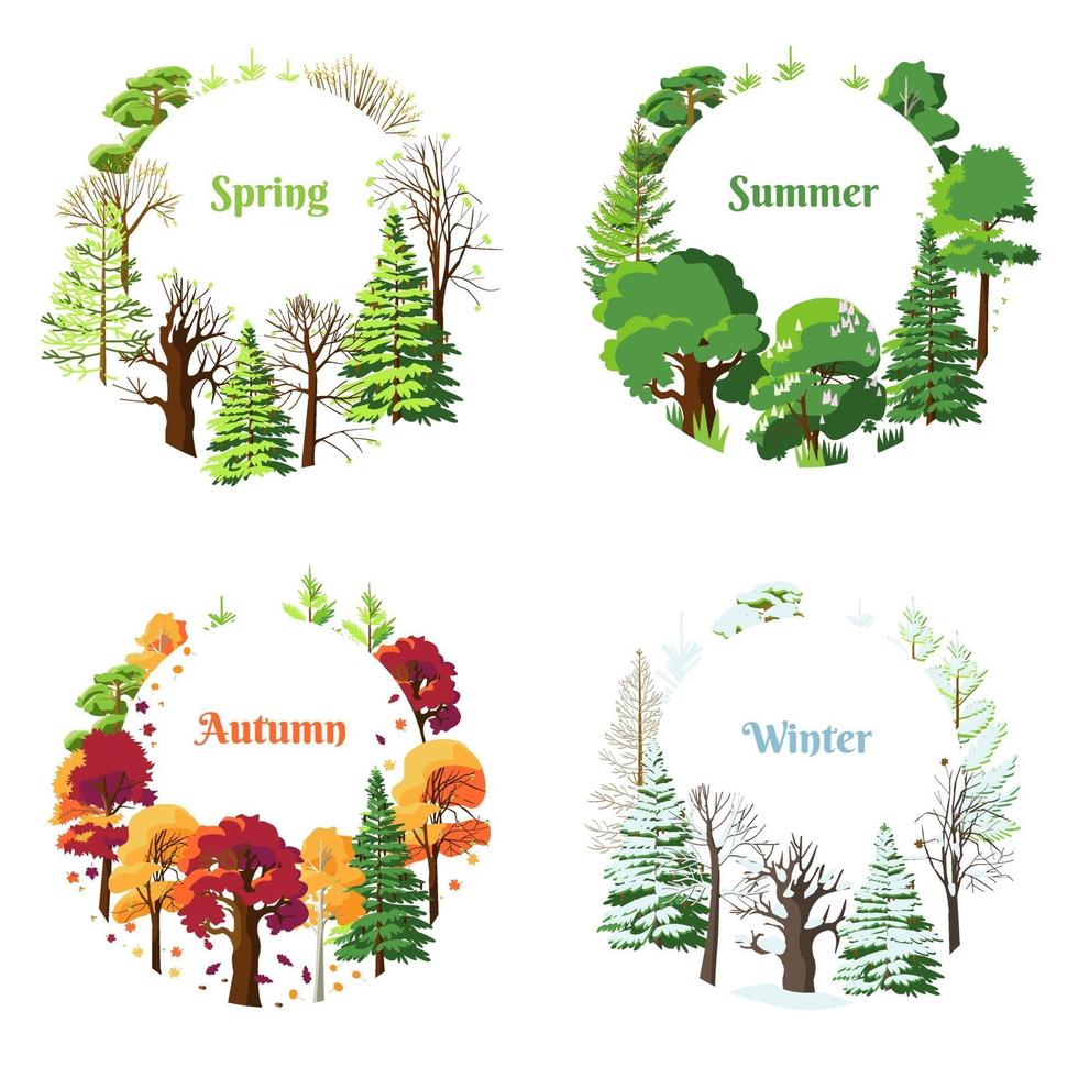 Set of seasonal vector postcards spring, summer, winter, autumn