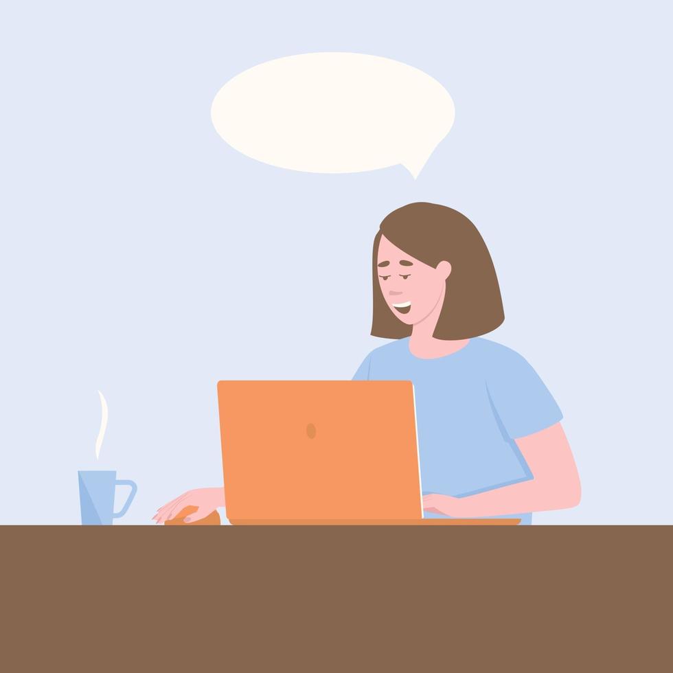 mujer sonriente, trabajando, un, computador portatil vector