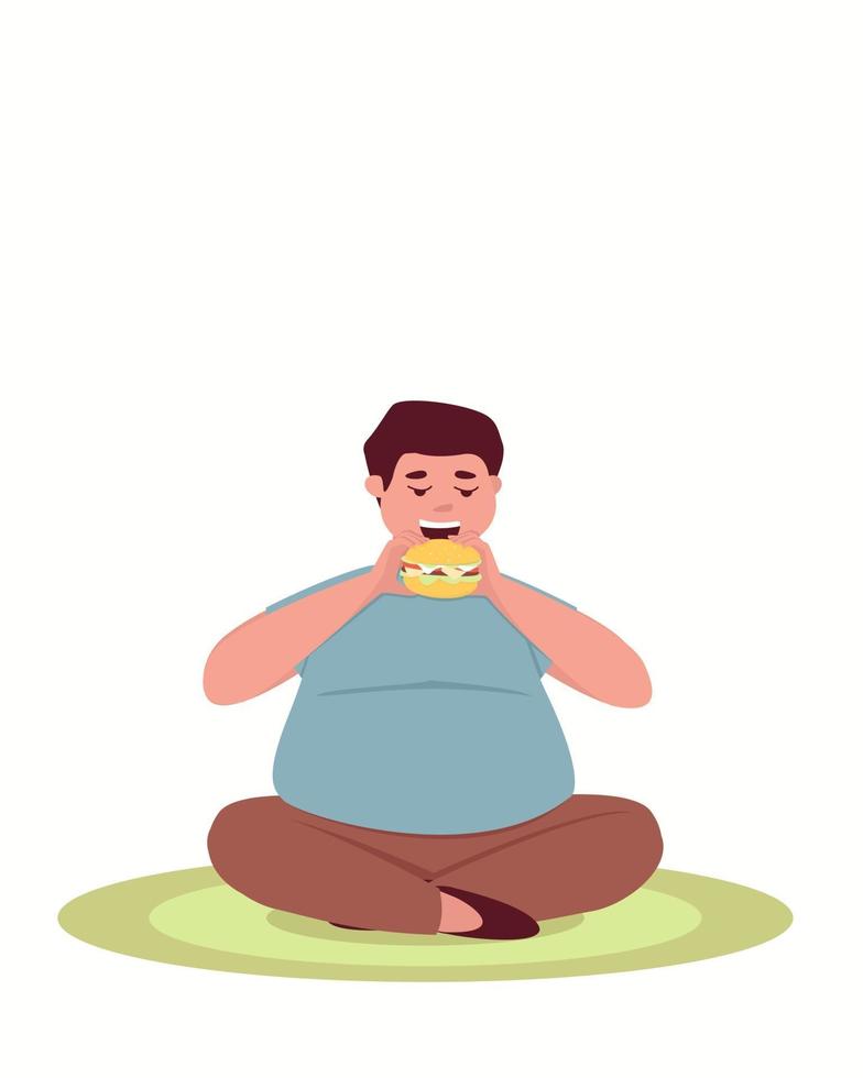 An overweight man sits in a lotus position and eats a hamburger vector