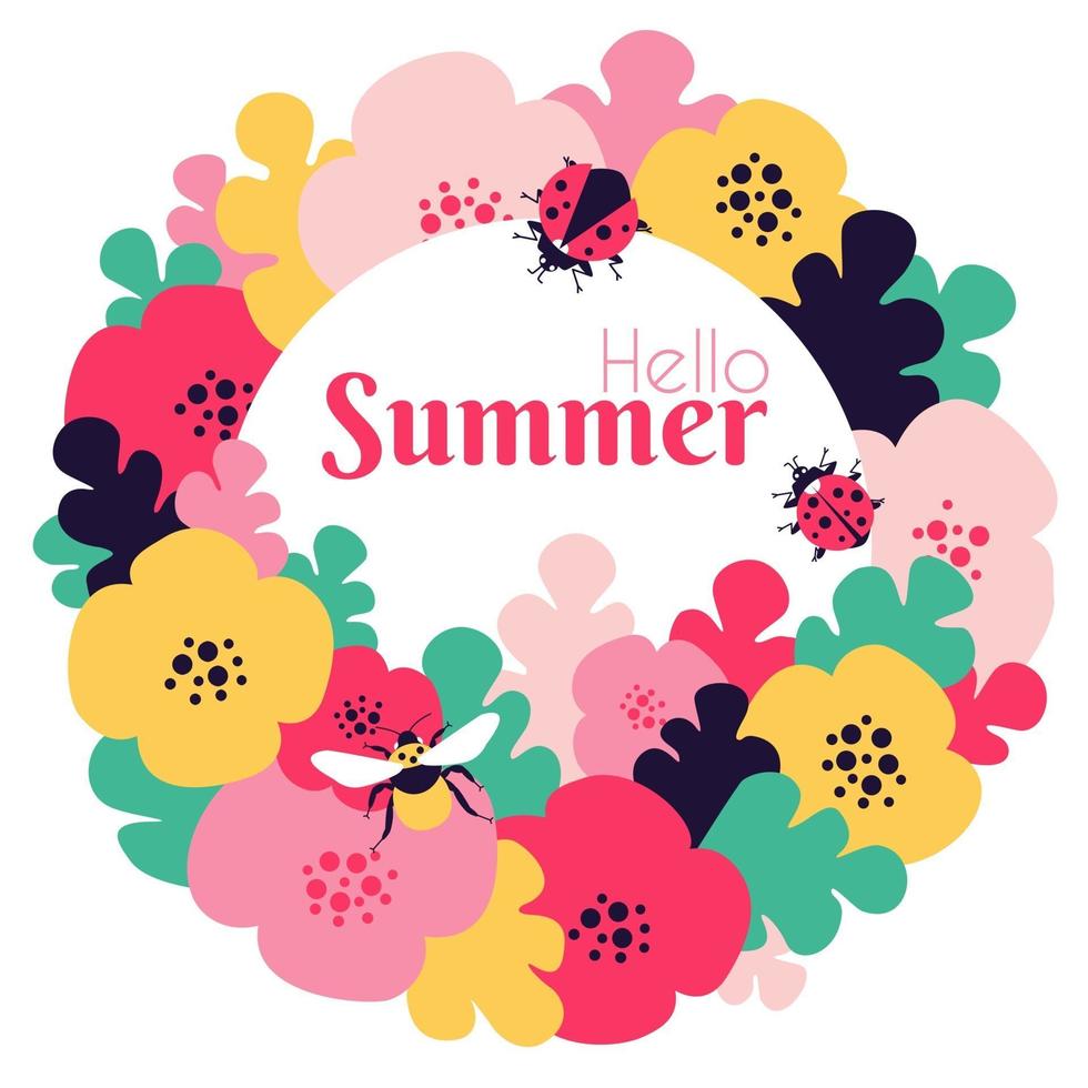 hola tarjeta de verano con motivos florales e insectos vector