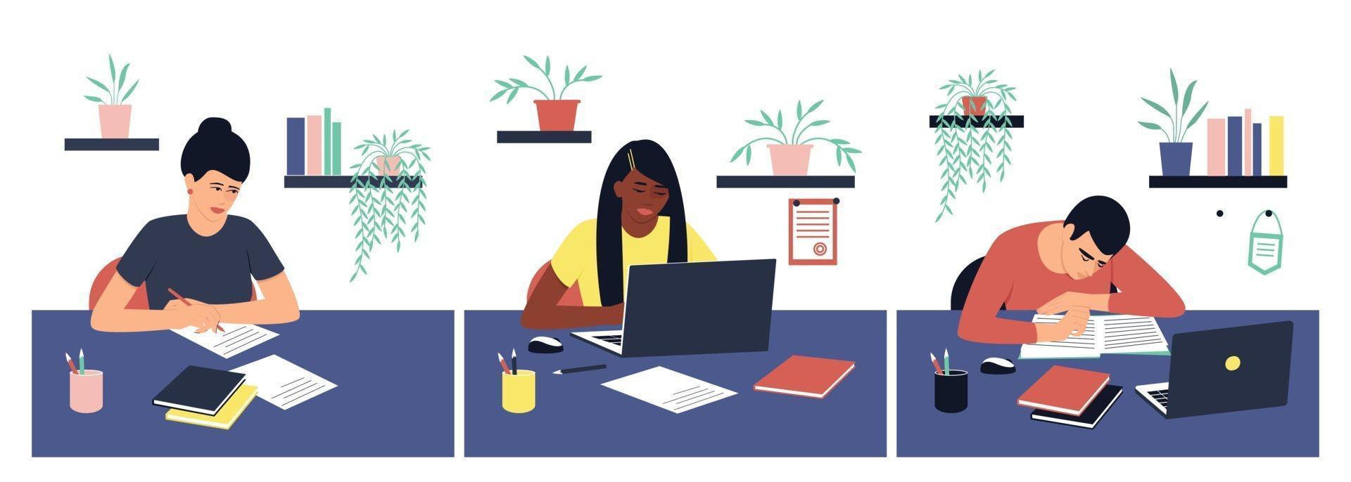 Set of students doing homework vector