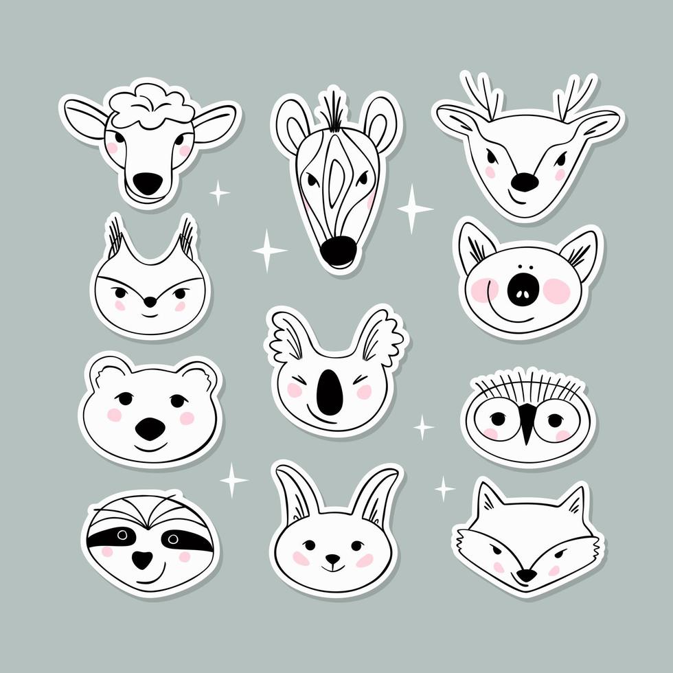 Simple animal portraits stickers - sloth, koala, pig, sheep, zebra, bear, squirrel, hare, fox, owl, deer vector