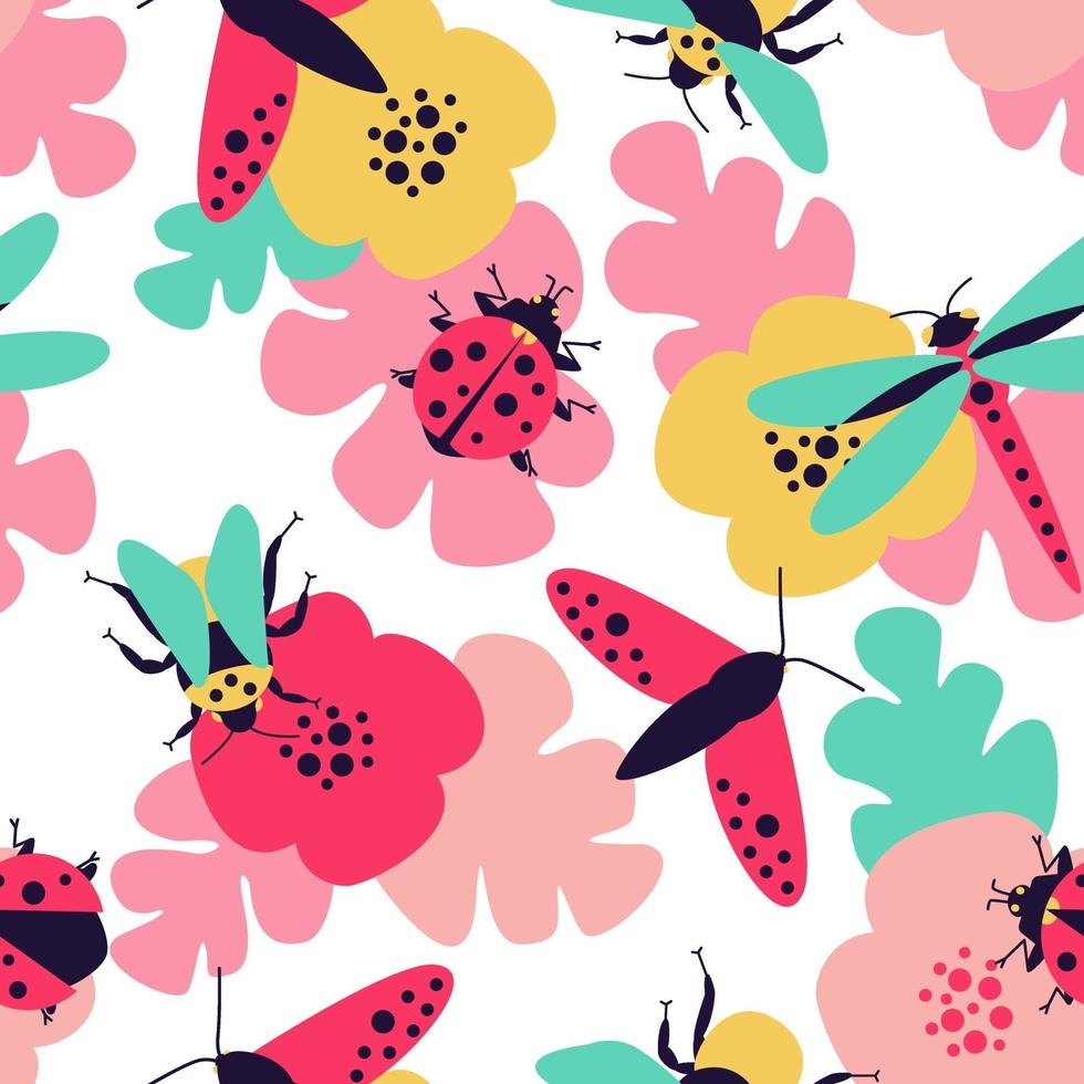Close-up seamless pattern with insects - butterfly, bumblebee, dragonfly, ladybug and floral motifs vector