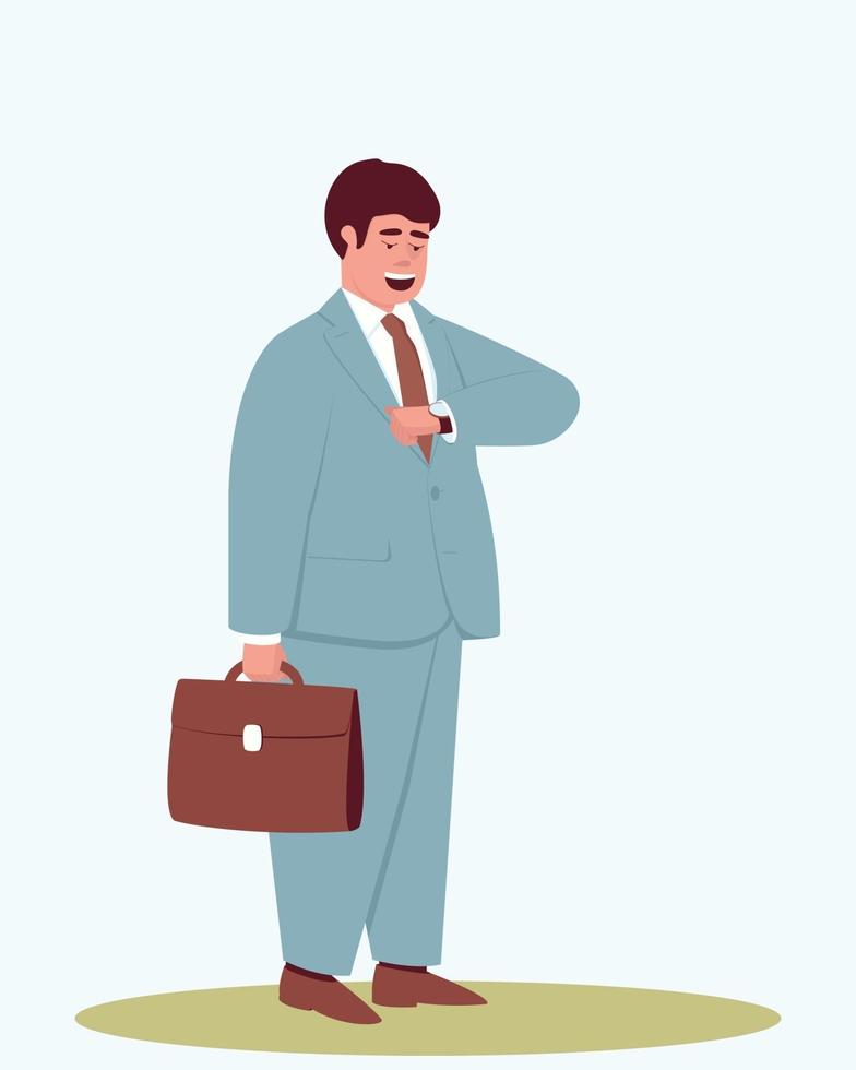 A plump man in a business suit with a briefcase looks at his wristwatch vector