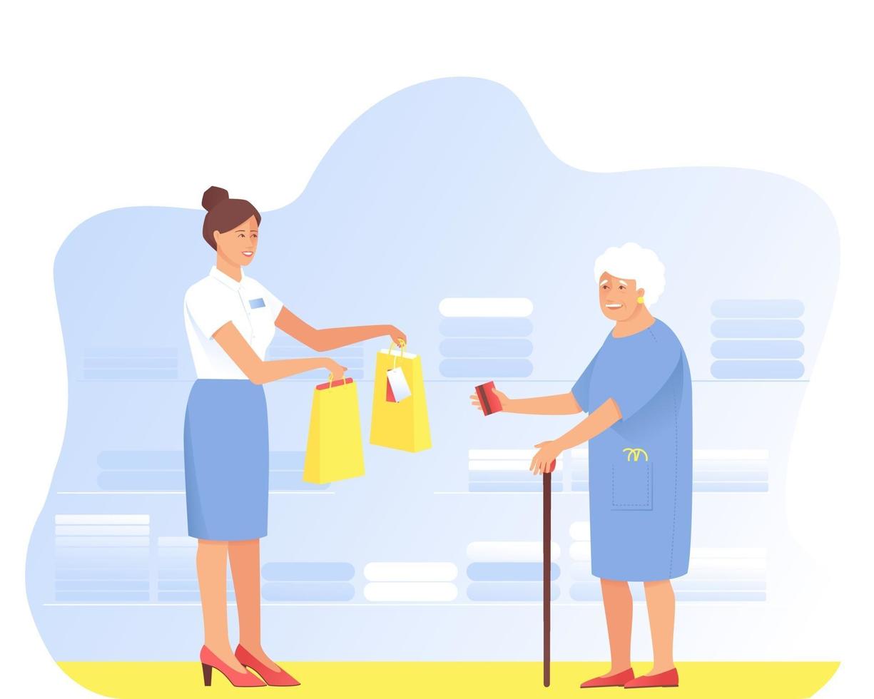 Aged Woman makes purchases from the seller in the store vector