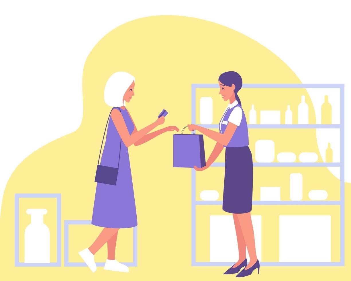 A customer pays with a credit card at a cosmetic store vector