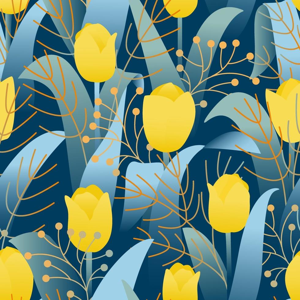 Plantilla de diseño con tulipanes amarillos de patrones sin fisuras sobre fondo azul oscuro vector