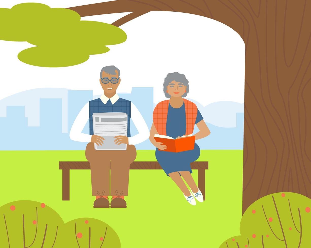 Elderly people are reading while sitting in a park on a bench vector