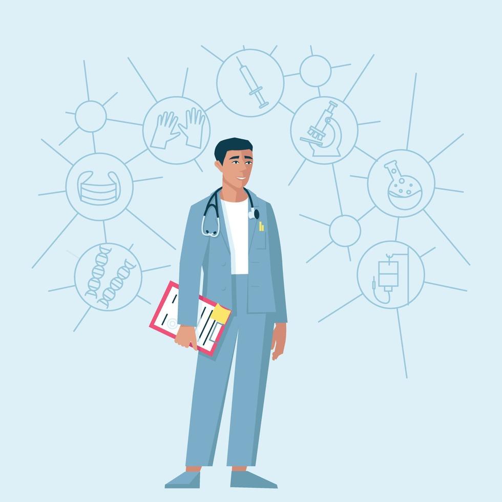 Doctor with a folder in his hands and a stethoscope on his shoulders vector