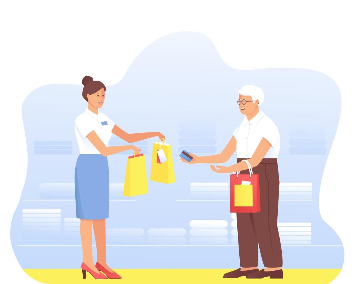An aged man makes purchases from a seller in a store vector