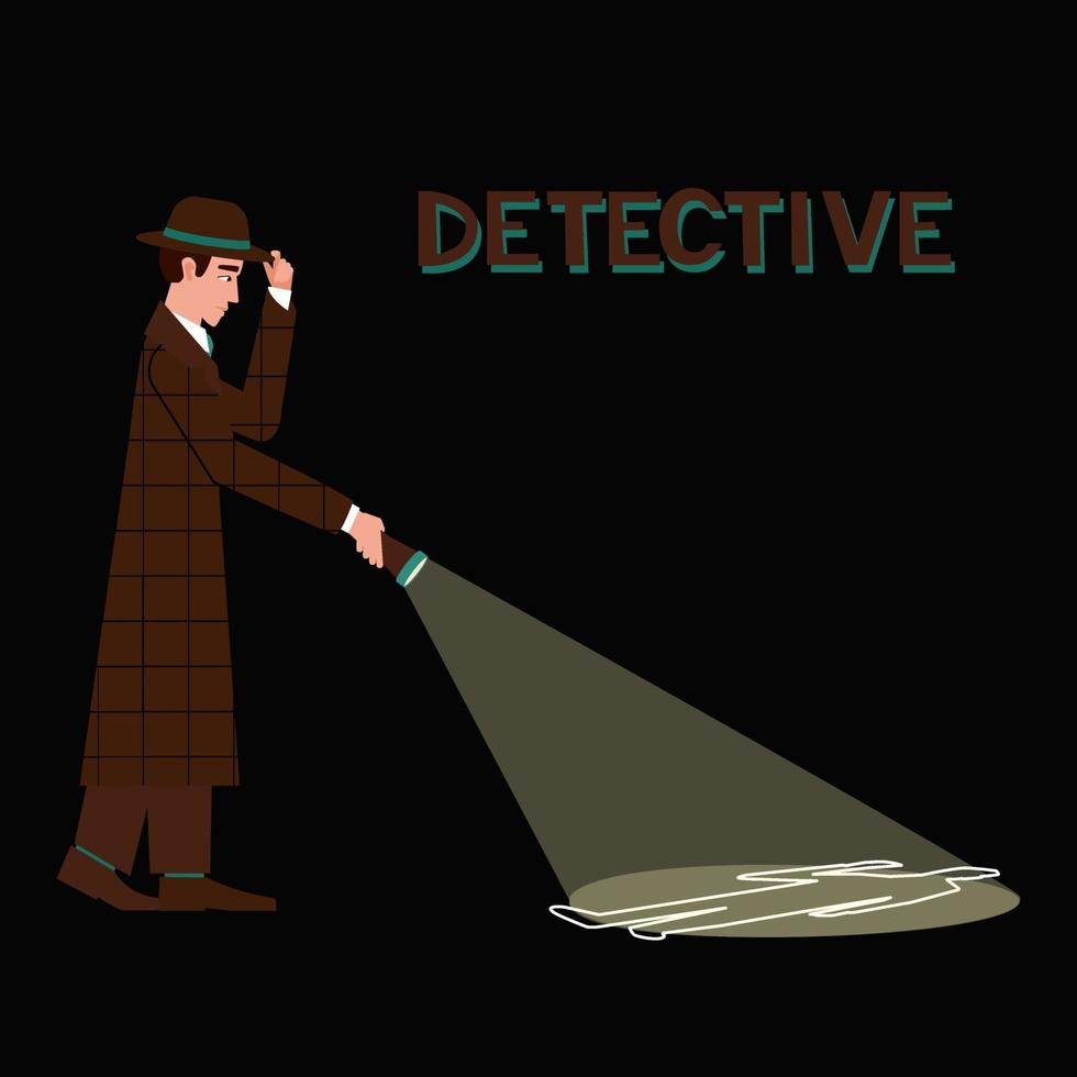 Detective with flashlight on dark background vector