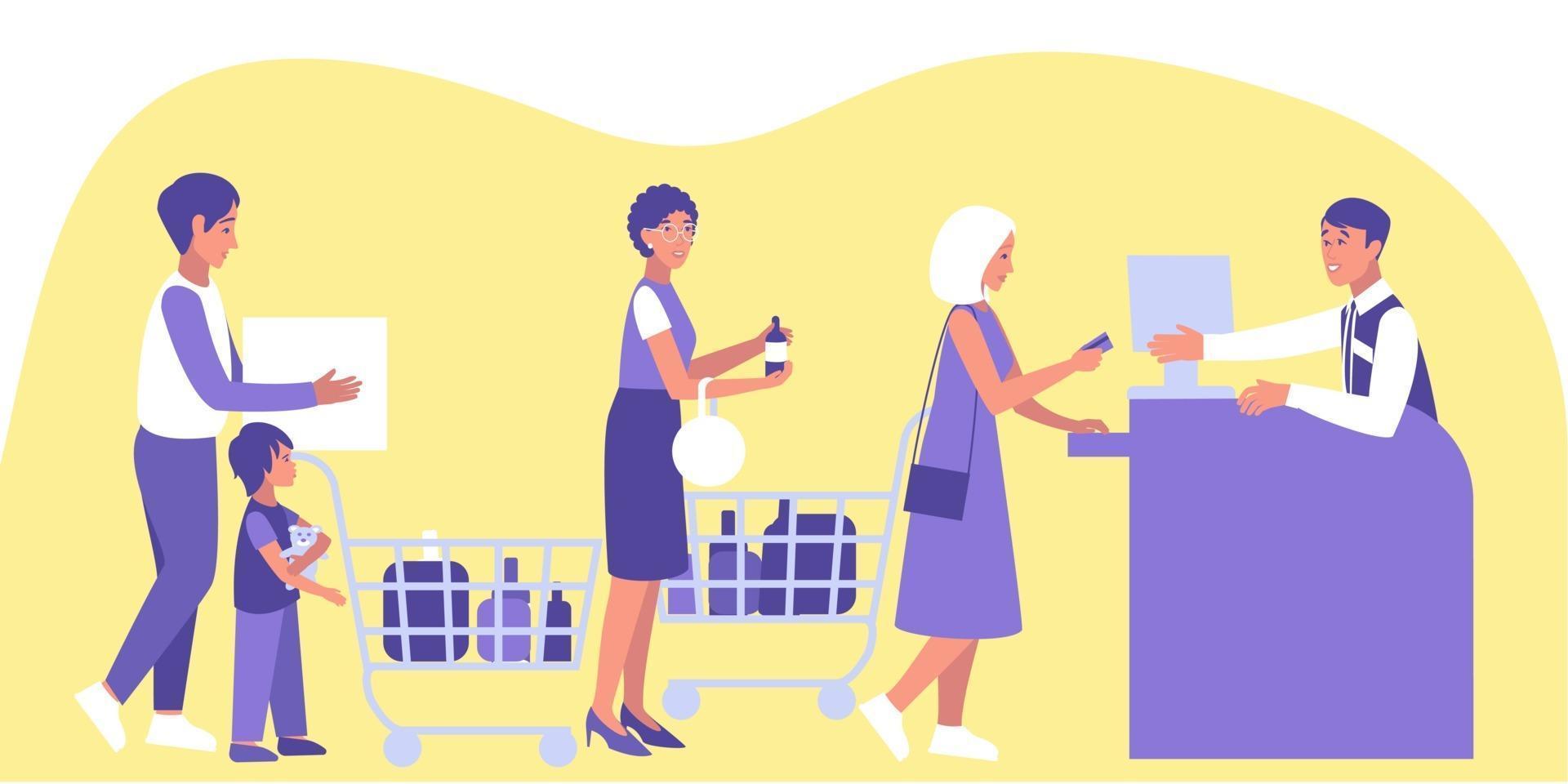 Male and female customers stand in queue at the checkout vector