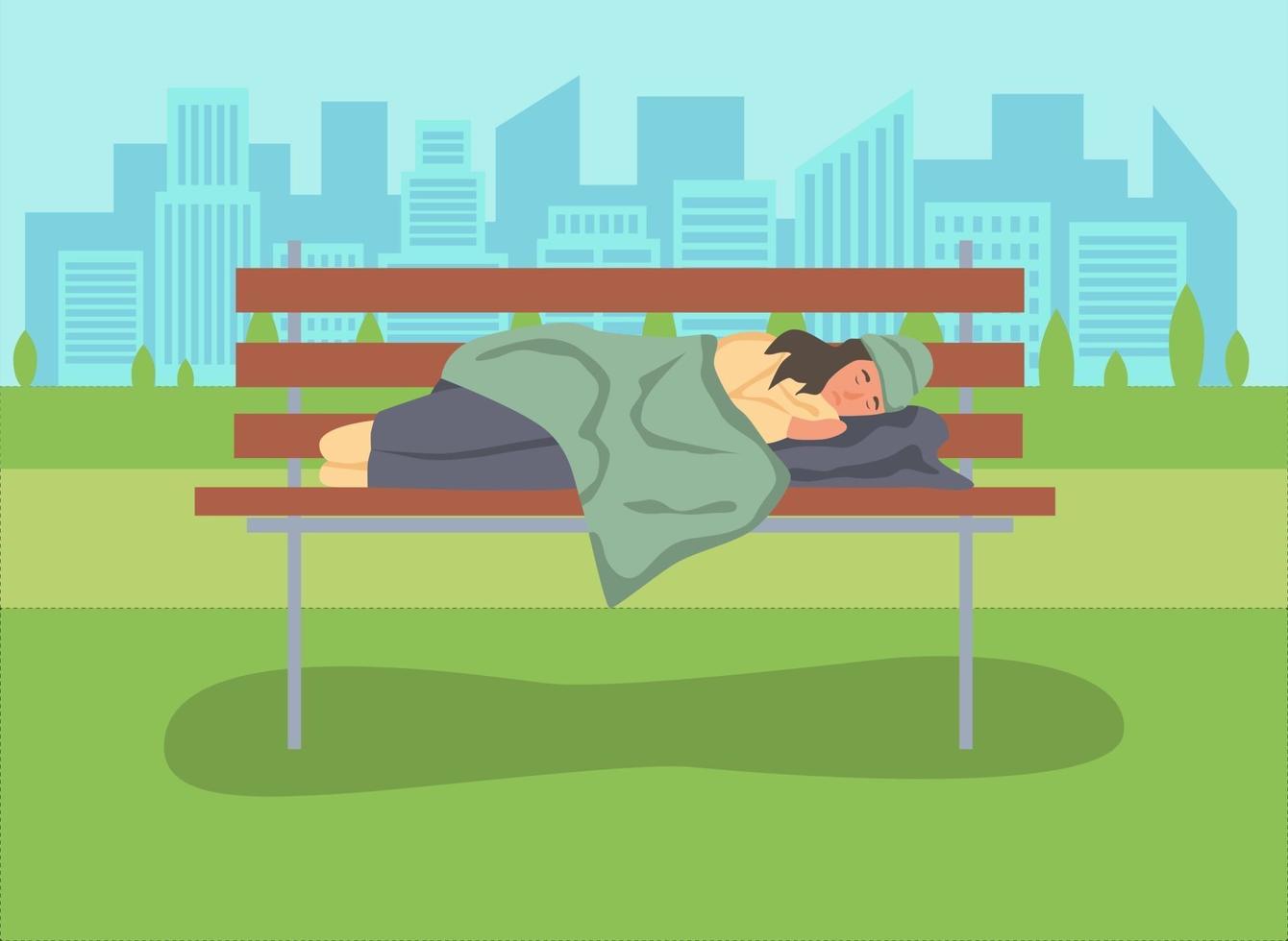 Homeless woman sleeping on a park bench vector