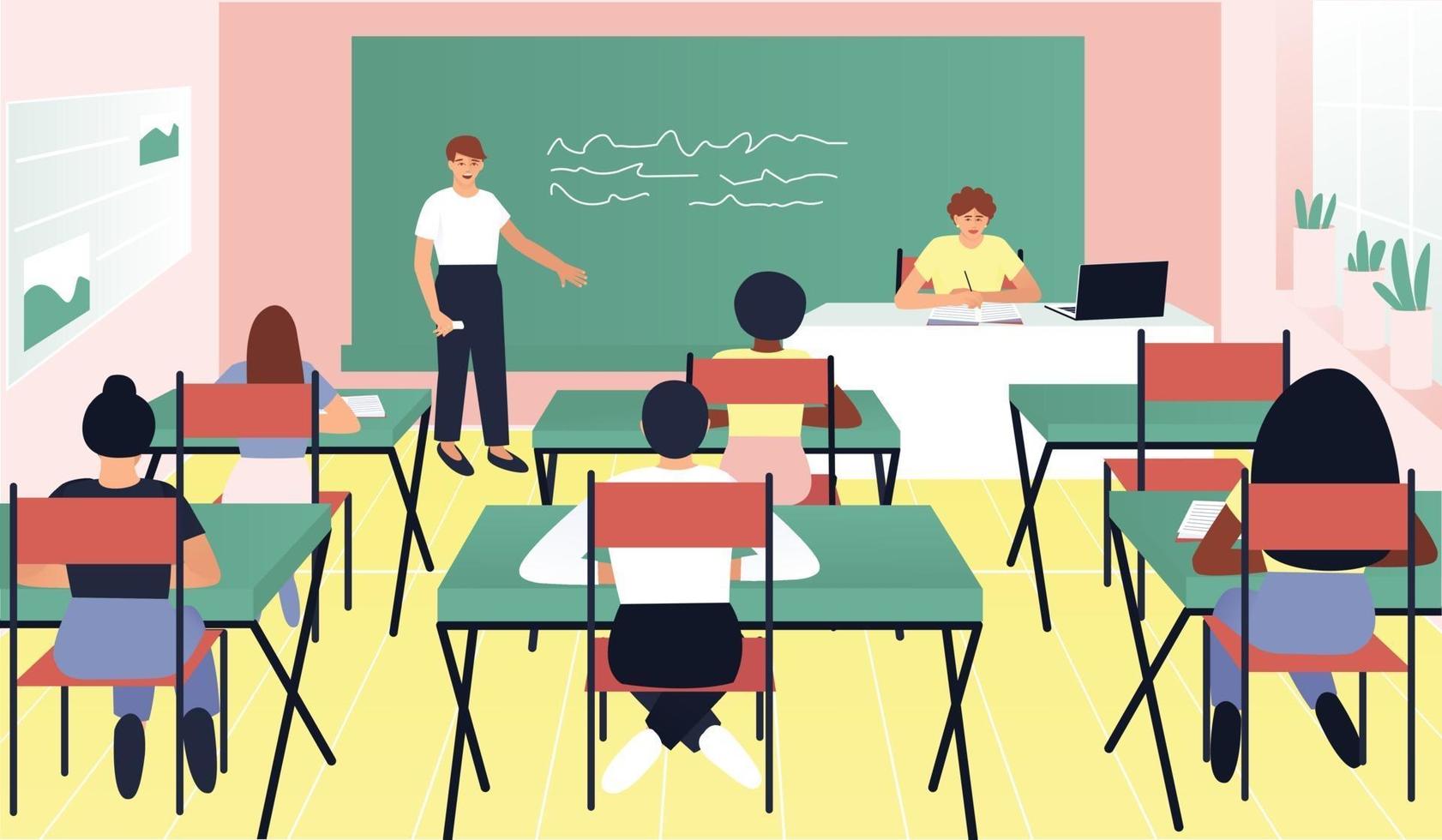 In the classroom, one of the students answers at the blackboard vector