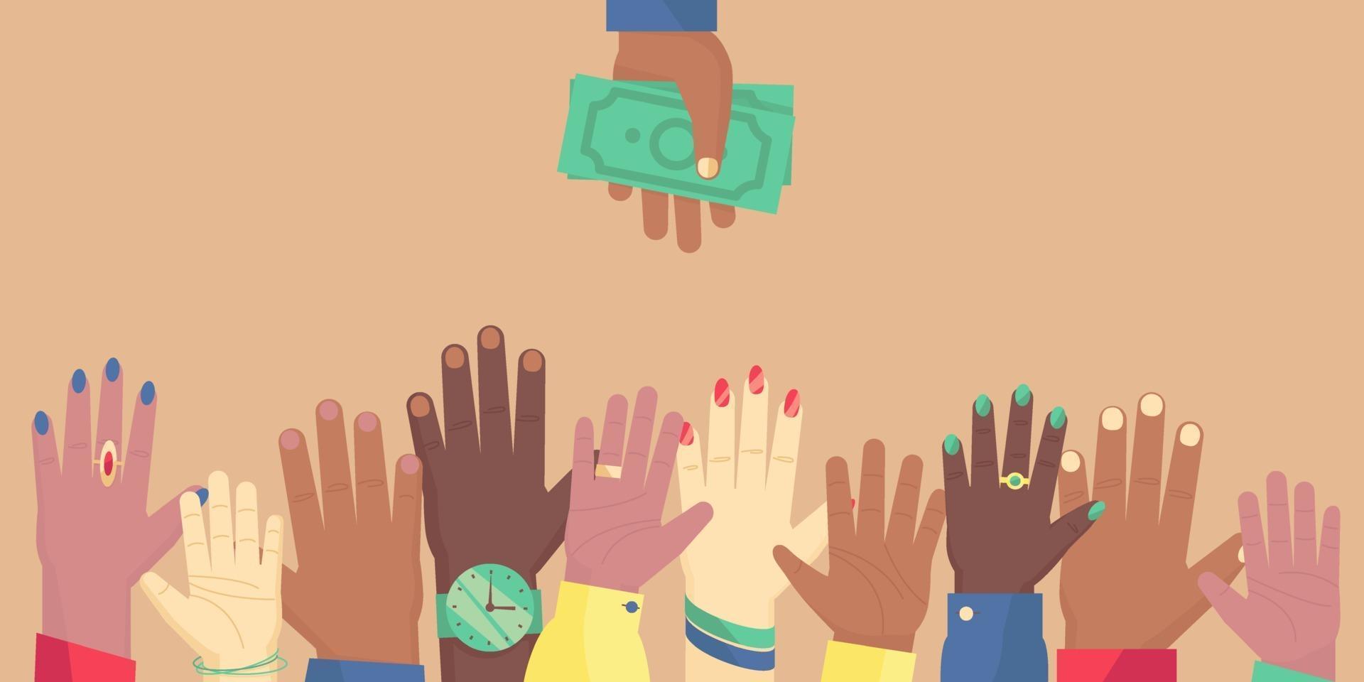 People's hands stretch up to the hand with dollar bills vector