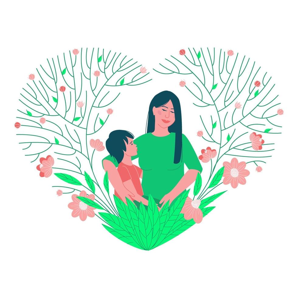 mamá con un niño en un delicado y hermoso marco floral vector