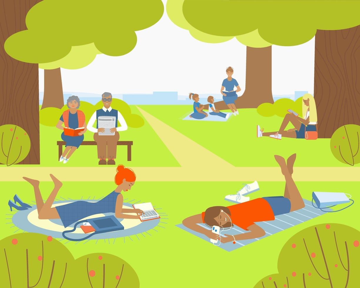 People reading in the park vector