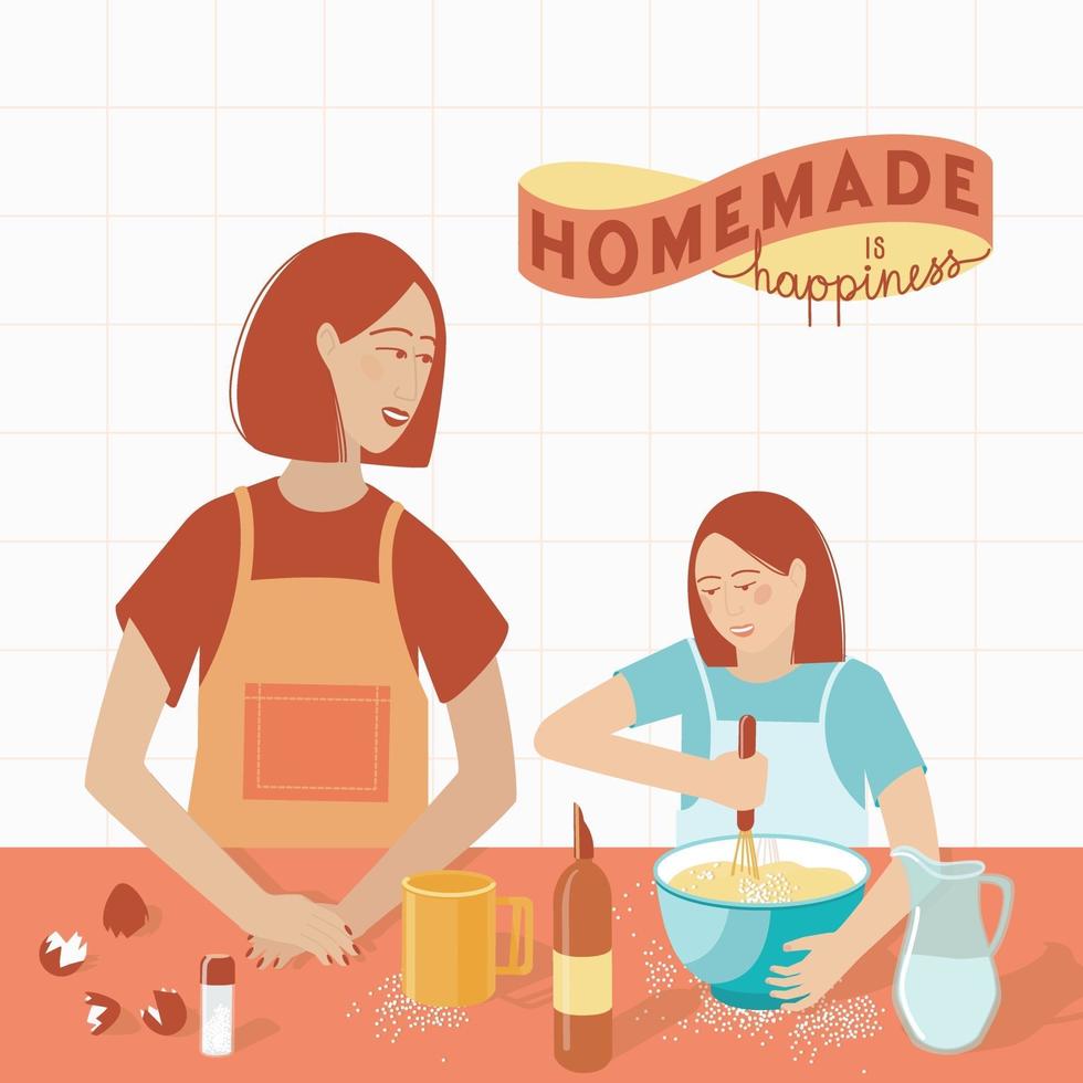 Mom and daughter are preparing cookies in the kitche vector