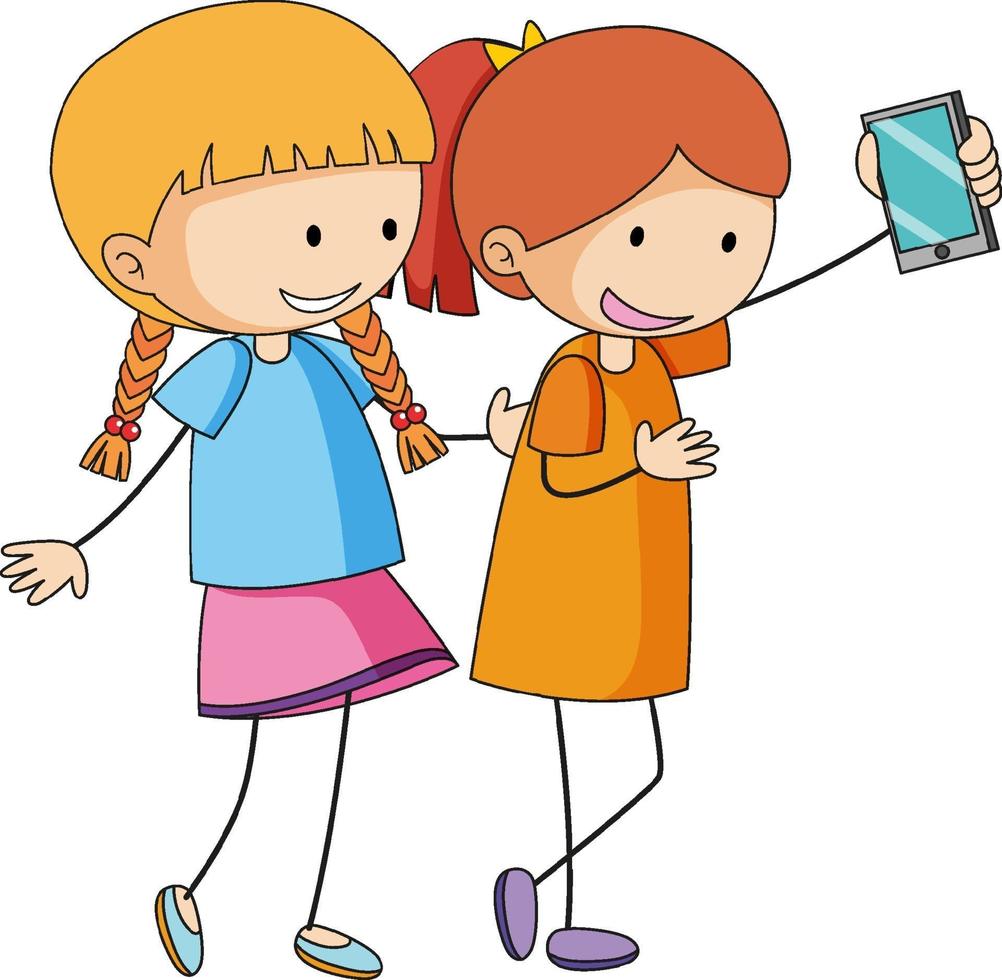 Two girls cartoon character taking a selfie in hand drawn doodle style isolated vector