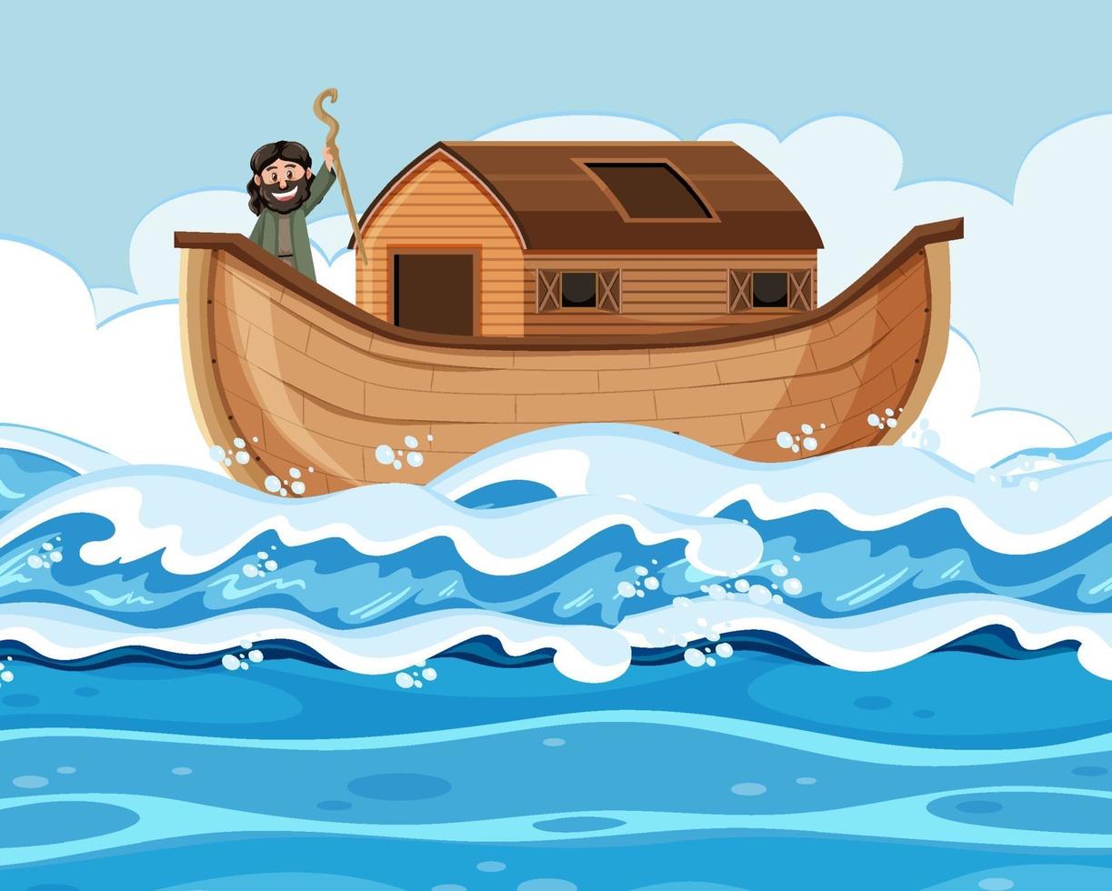 Noah standing alone on his ark in the ocean scene vector