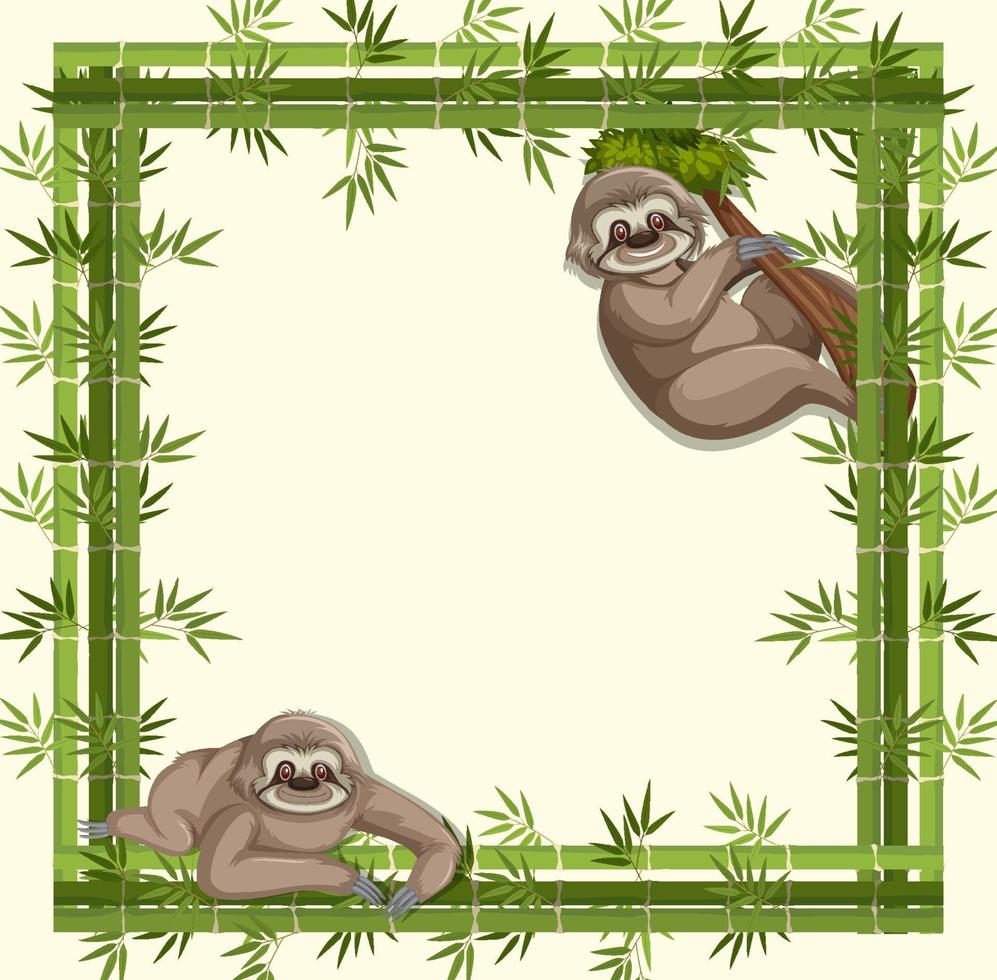 Empty banner with bamboo frame and sloth cartoon character vector