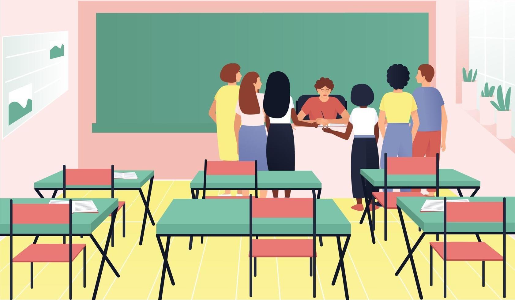 Students gathered around the teacher's desk vector