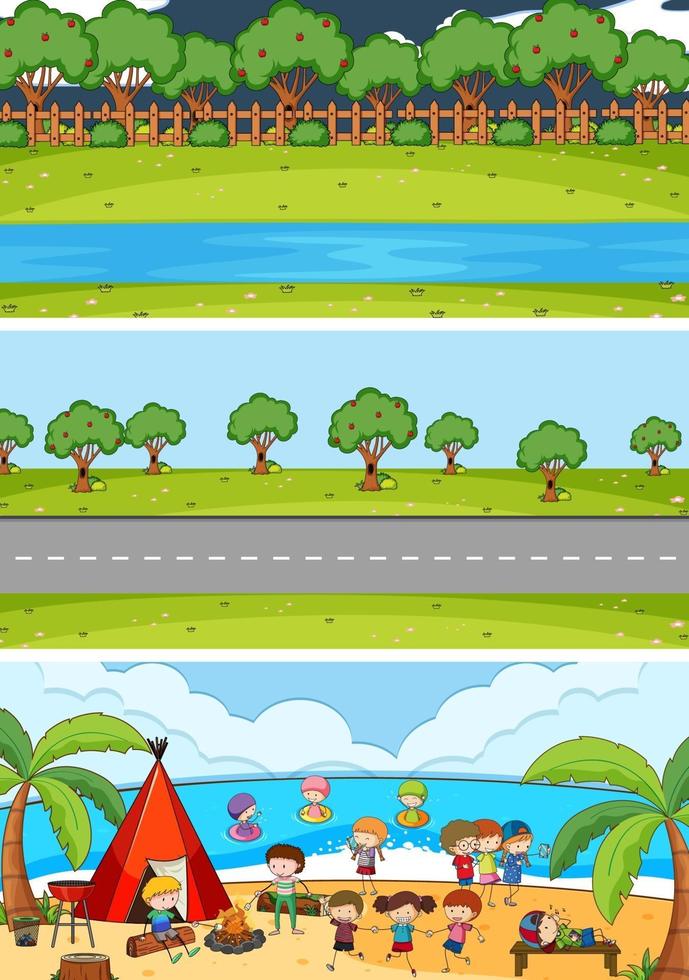 Conjunto de fondo de diferentes escenas horizontales con personaje de dibujos animados de niños doodle vector