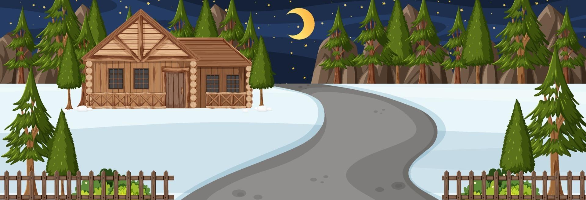 Winter season with road through the park at night time horizontal scene vector