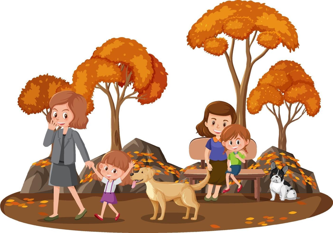 familia feliz en el parque con muchos árboles de otoño vector