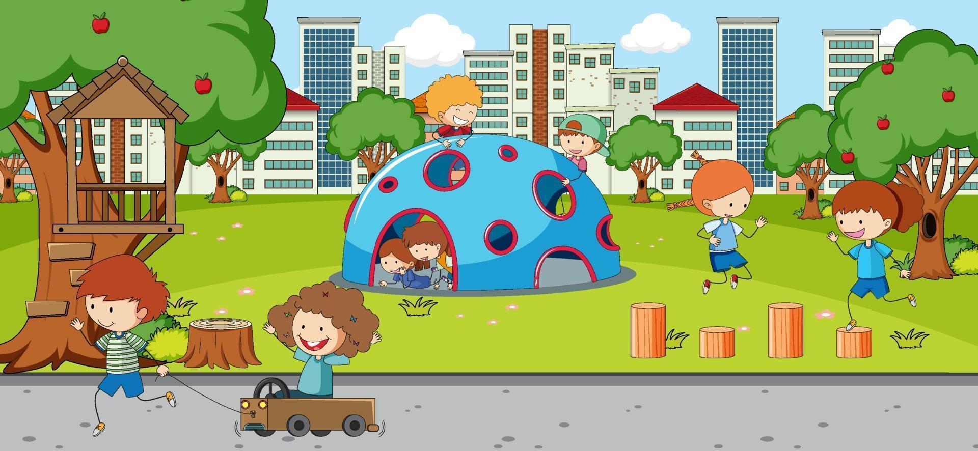 Outdoor scene with many kids playing in the park vector