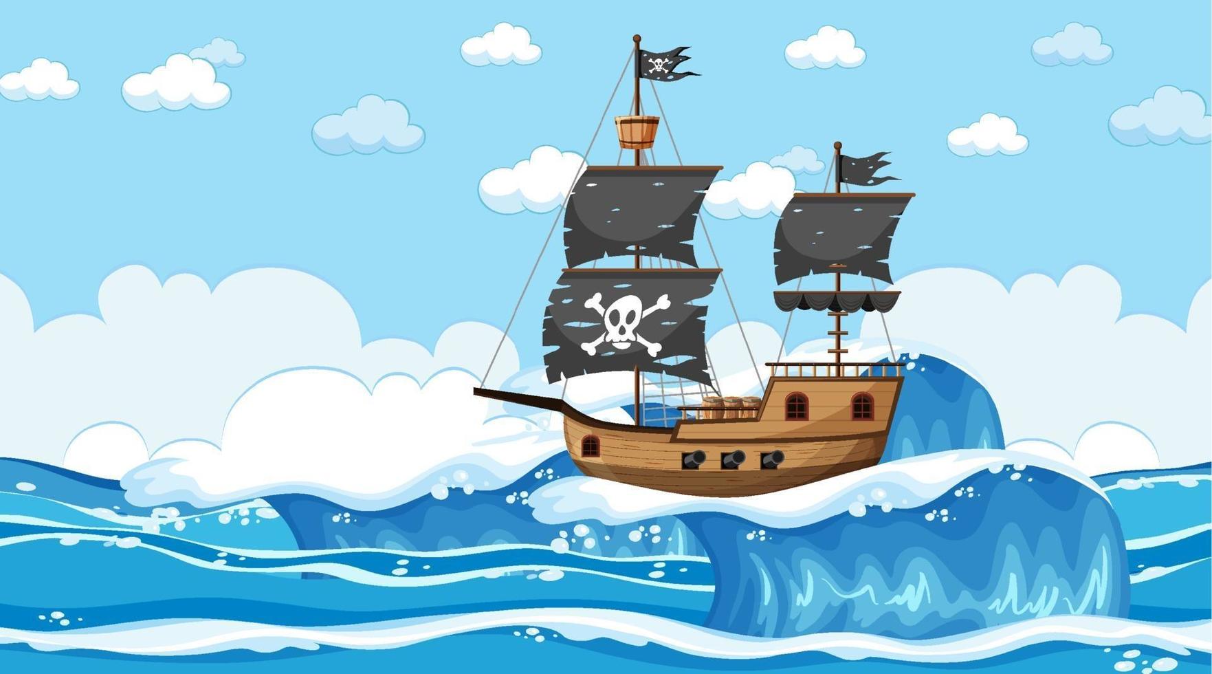 Ocean with Pirate ship at day time scene in cartoon style vector