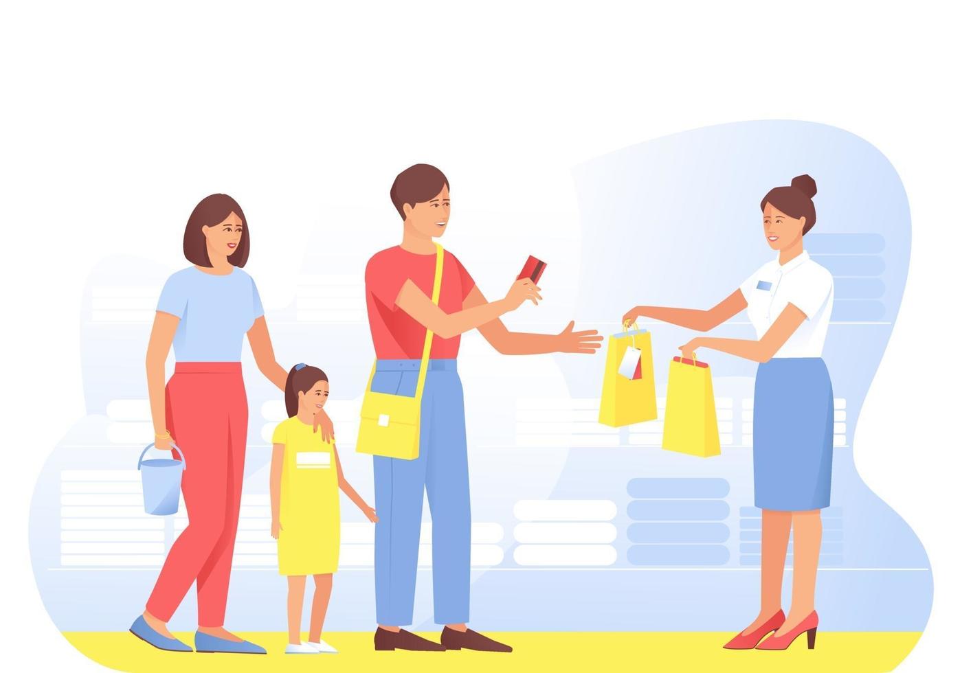 The family makes purchases from the seller in the store vector