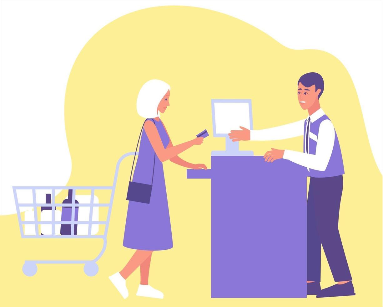 Woman pays a purchase with a card at the checkout vector