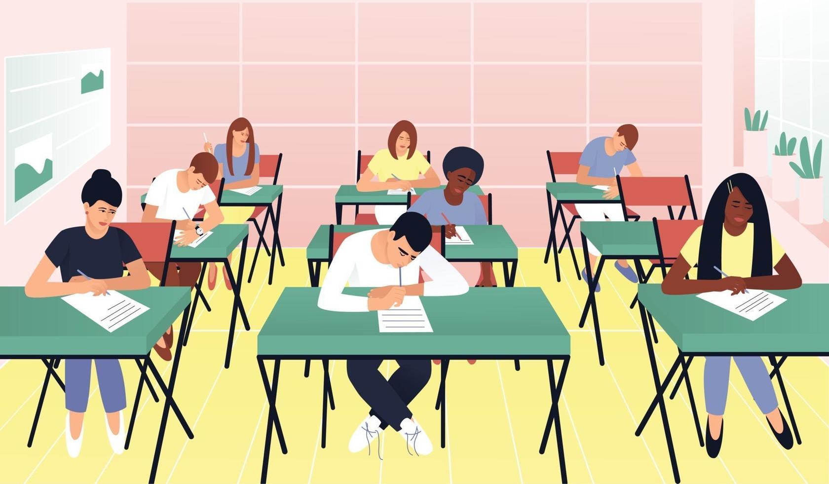 Students write a test exam in a beautiful classroom vector