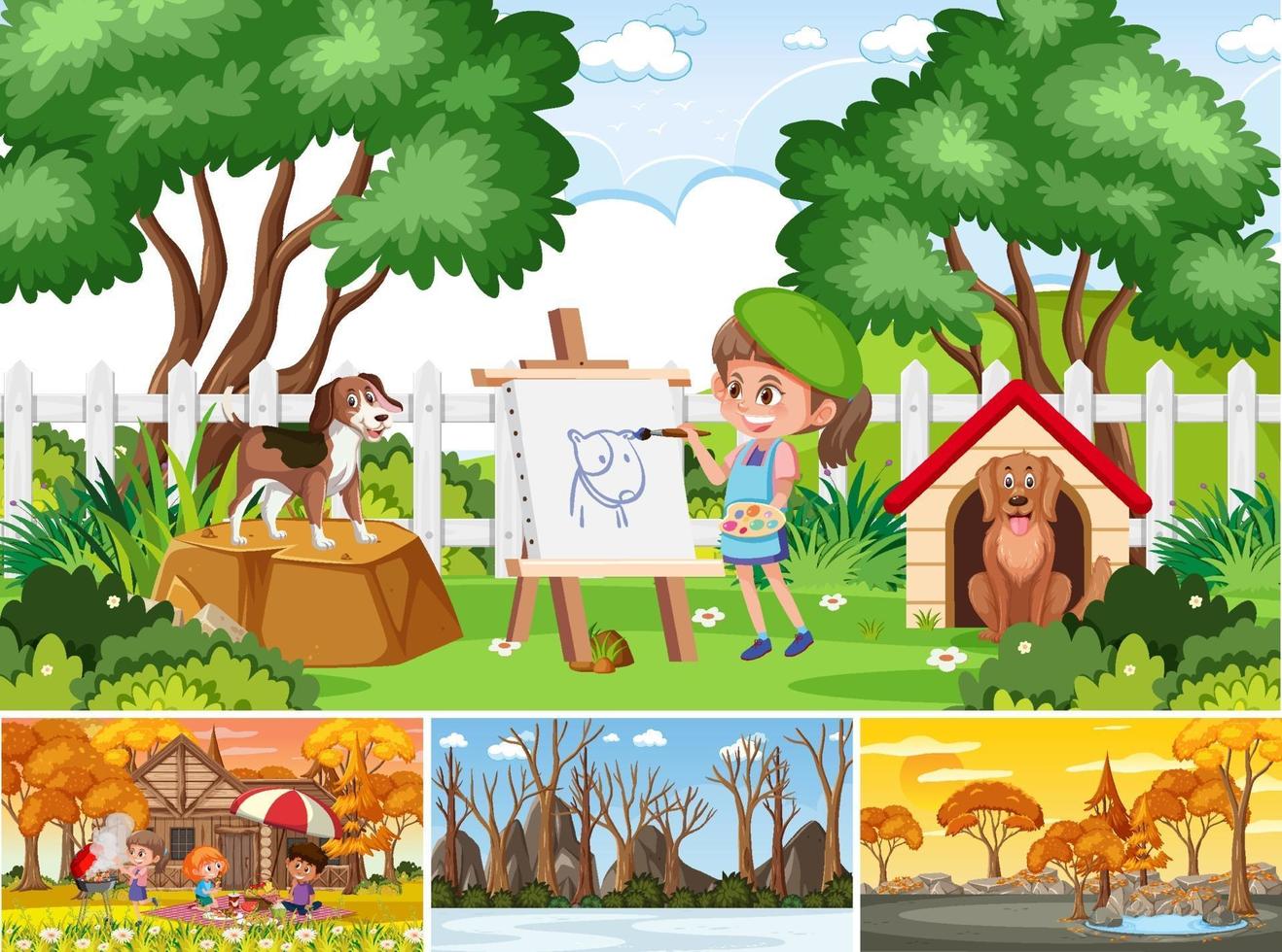 Four different scenes with children cartoon character vector