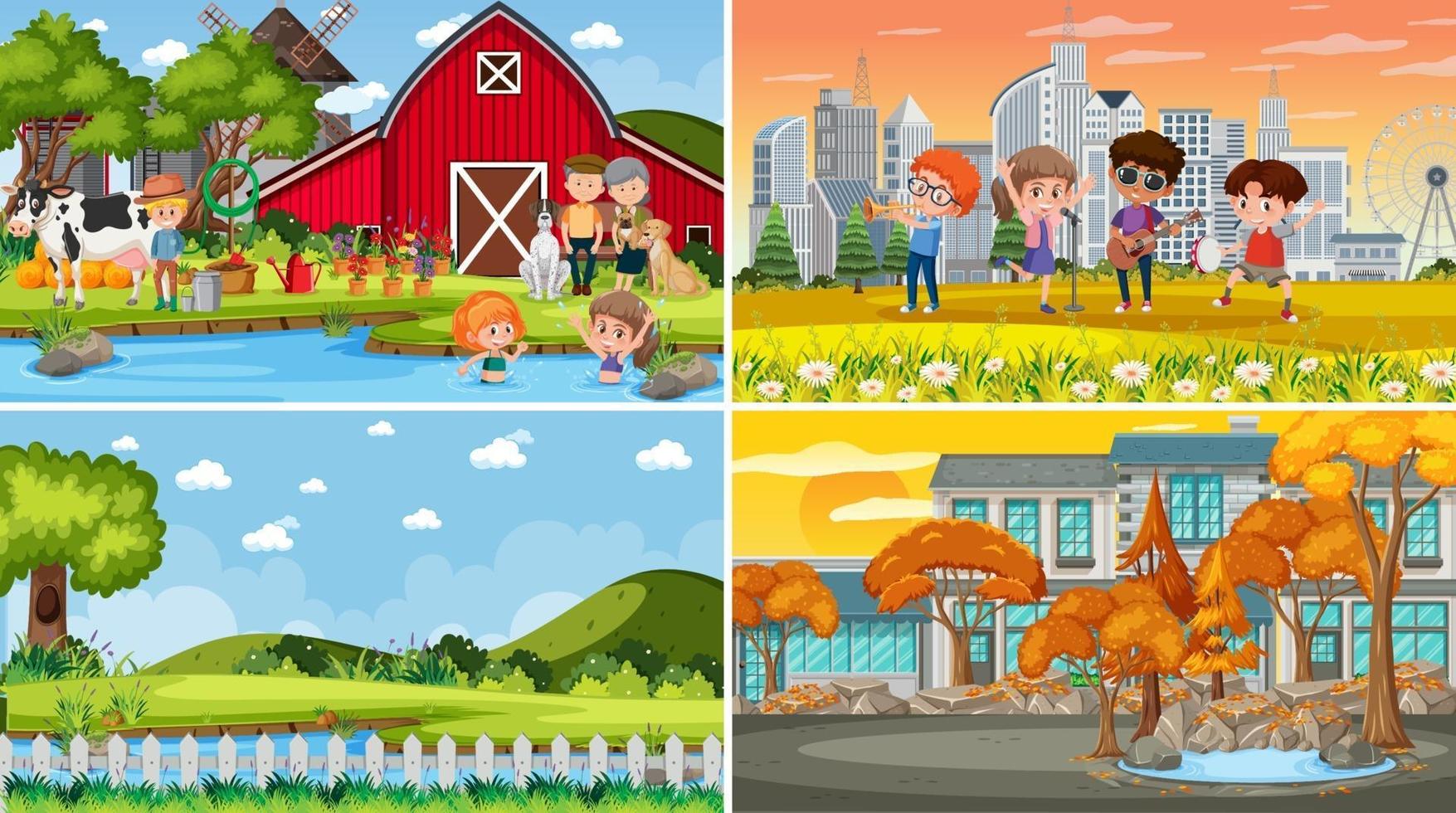 Set of different nature scenes cartoon style vector