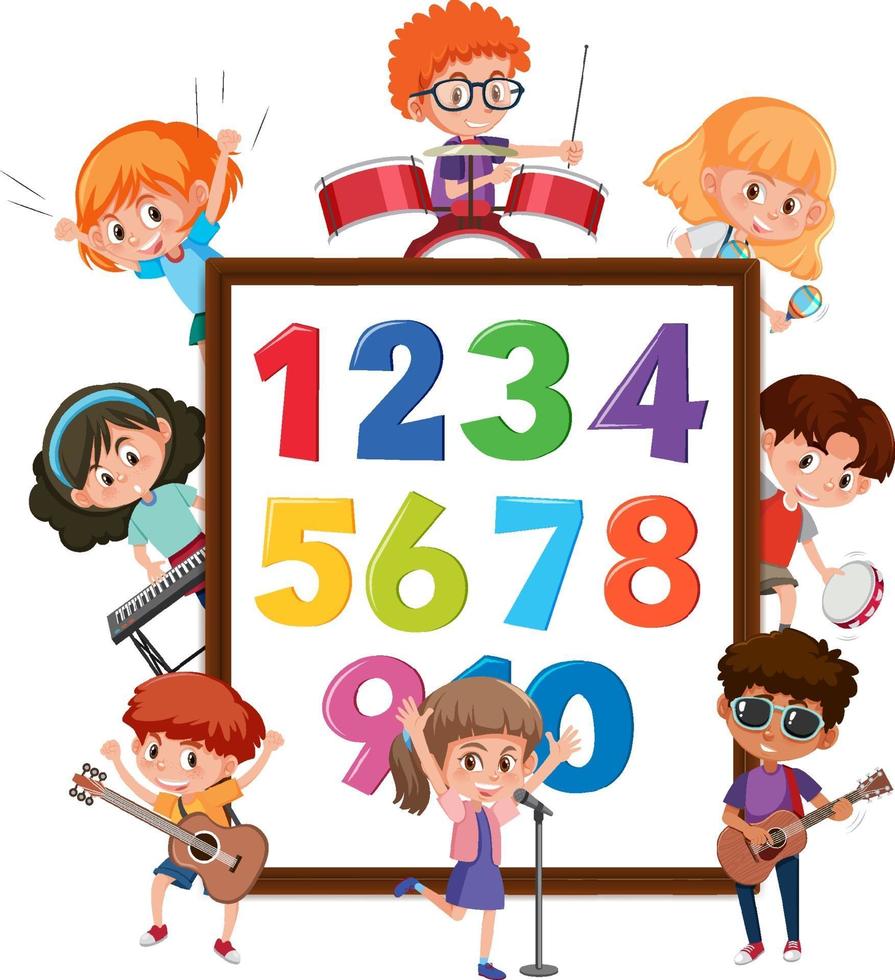 Number 0 to 9 on banner with many kids doing different activities vector