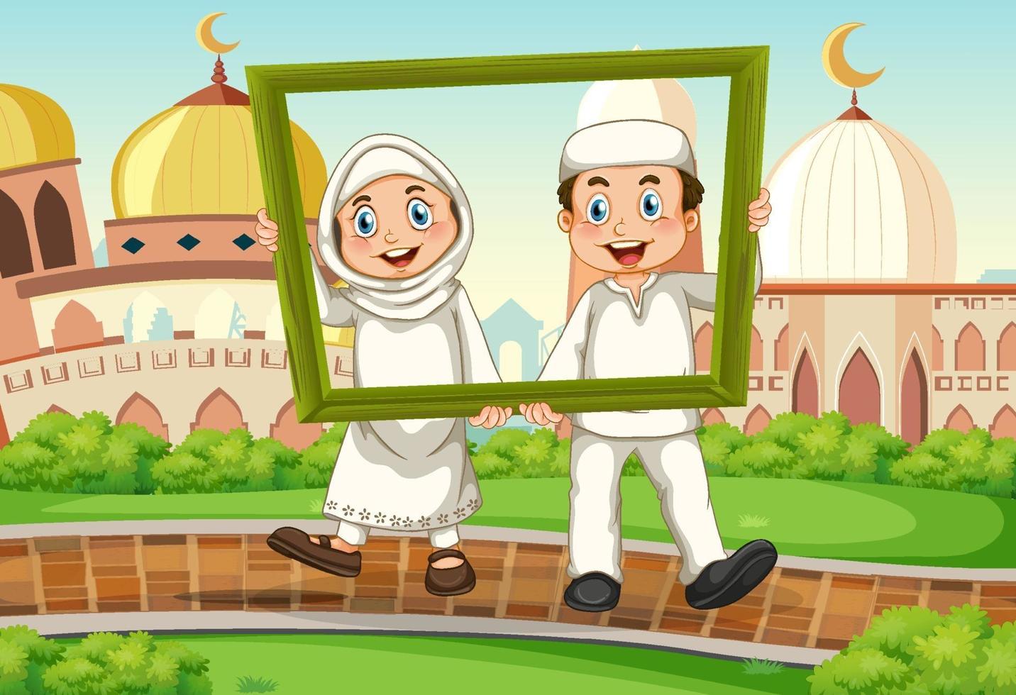 Muslim couple with photo frame on mosque background vector