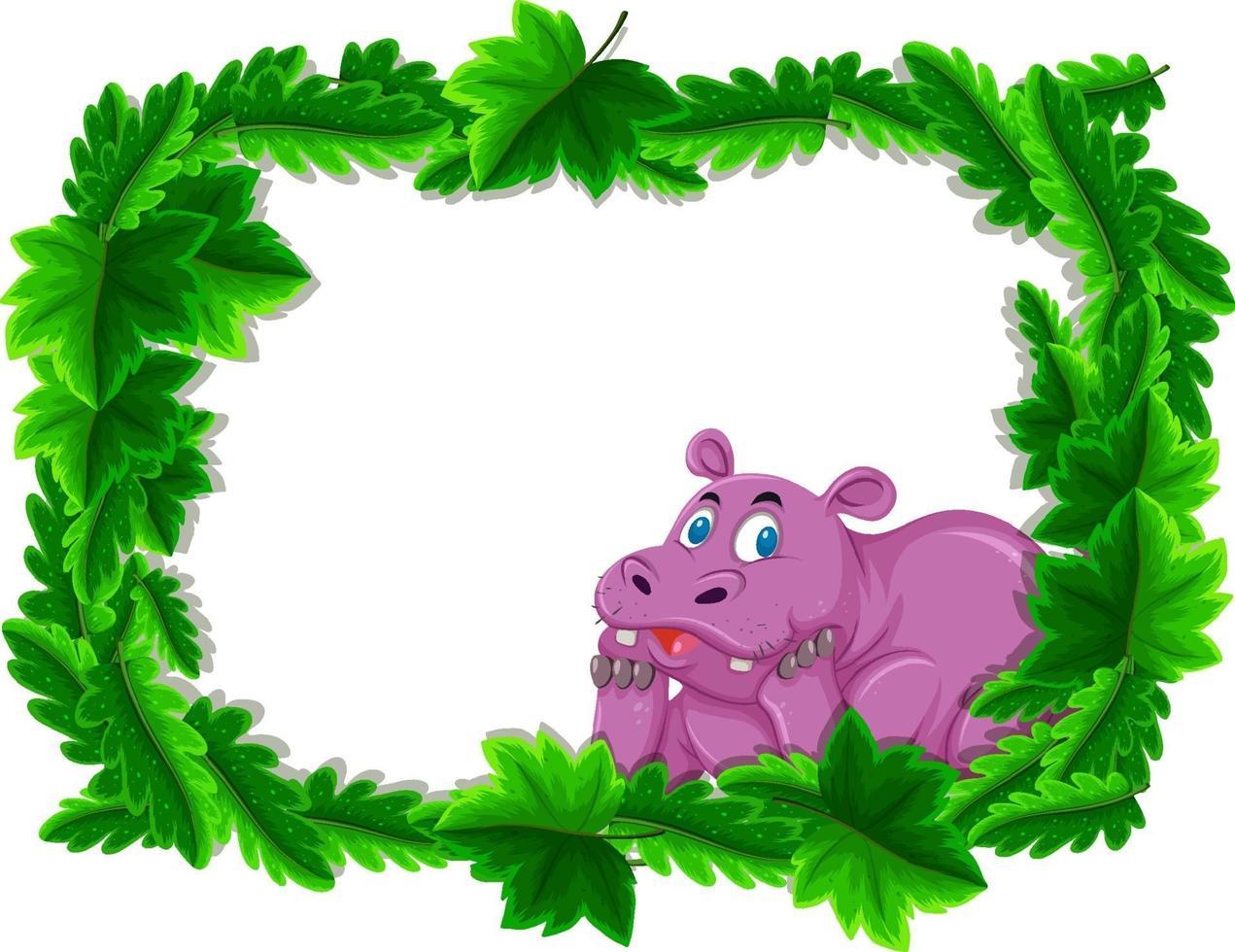 Banner vacío con marco de hojas tropicales y personaje de dibujos animados de hipopótamo vector