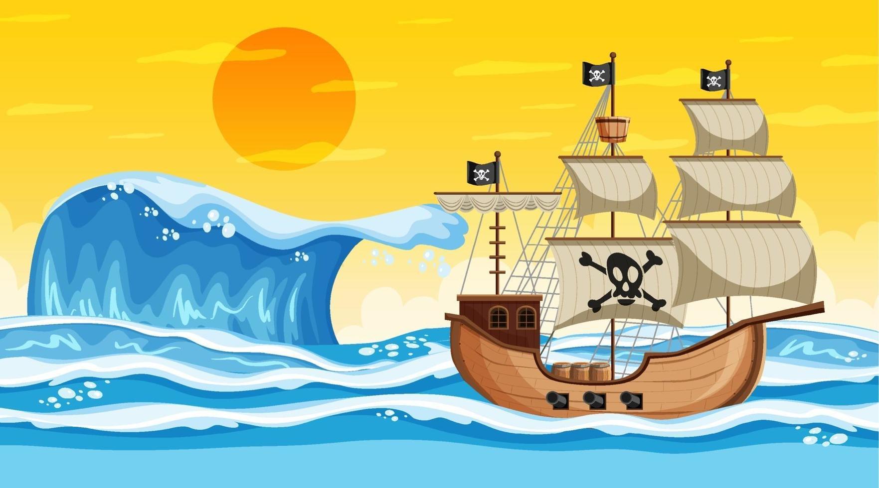 Ocean scene at sunset time with Pirate ship in cartoon style vector