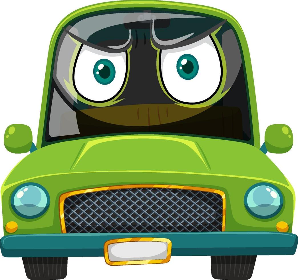 Green vintage car cartoon character with angry face expression on white background vector