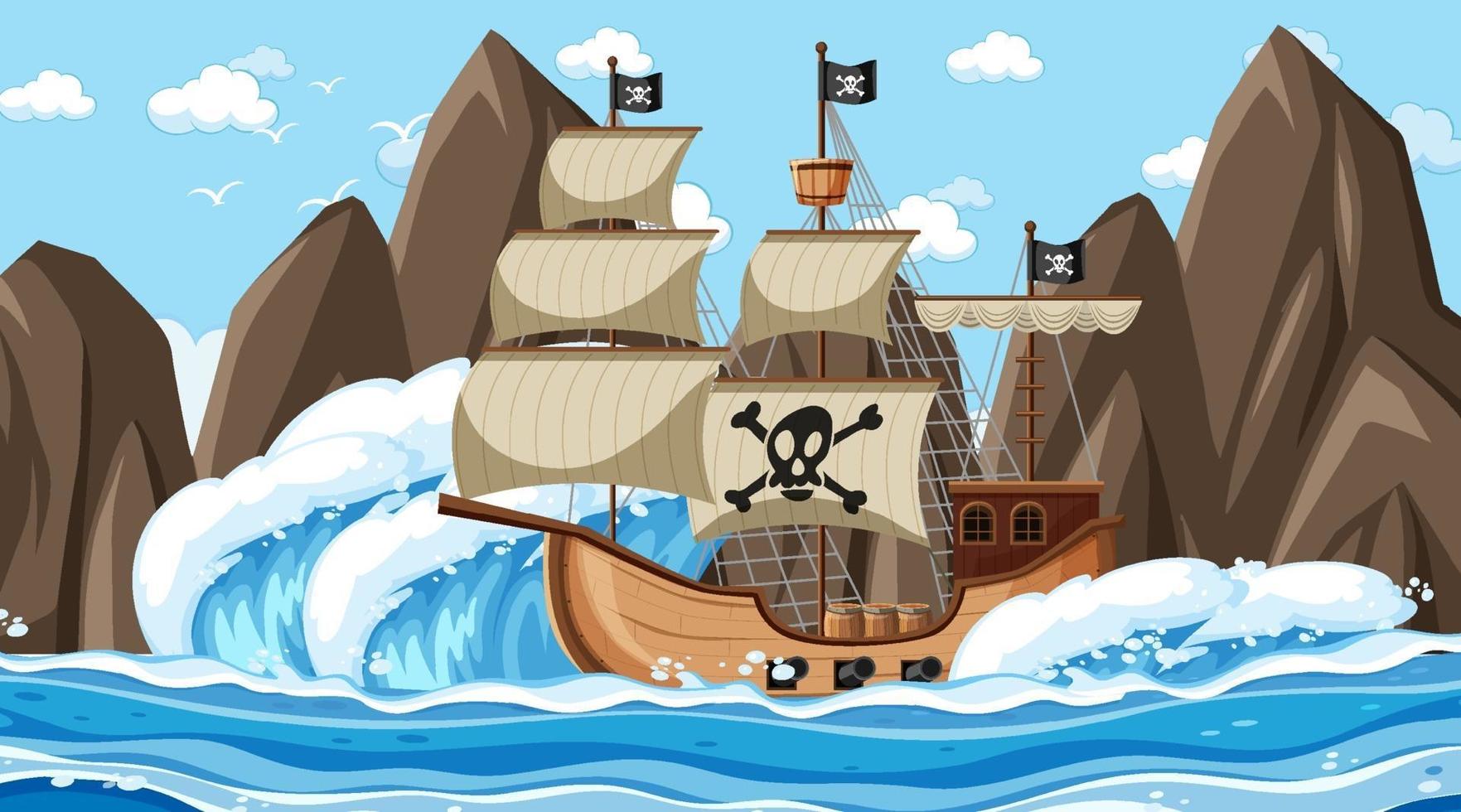 Ocean with Pirate ship at day time scene in cartoon style vector