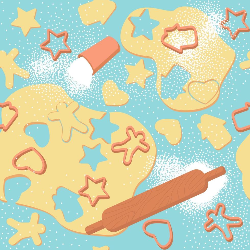 Seamless pattern of rolled dough and cookie figures vector