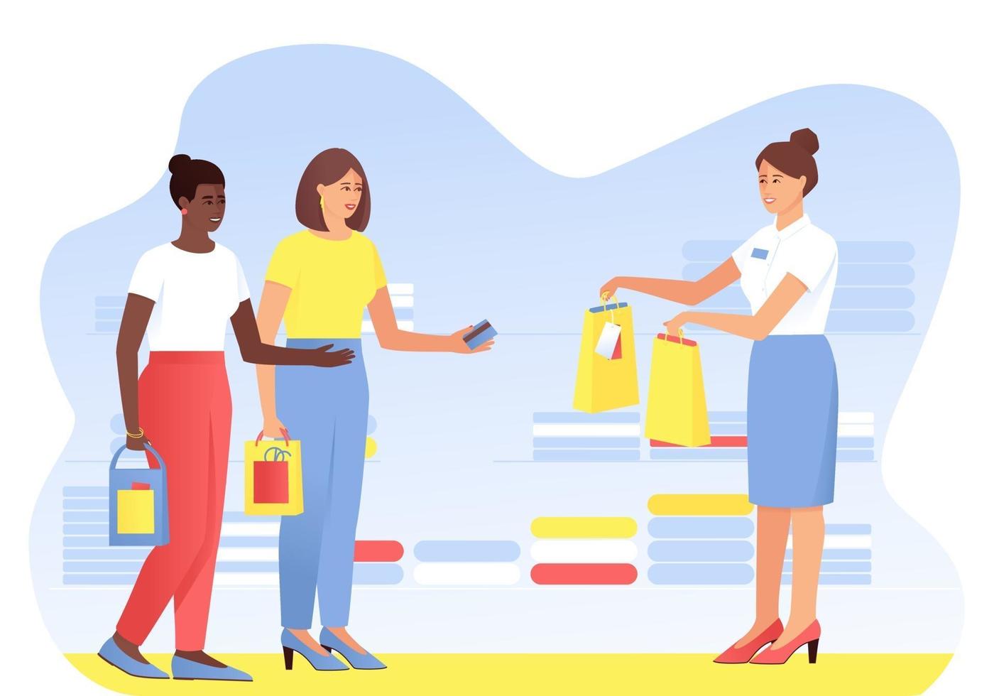 Two shopping girlfriends are shopping vector