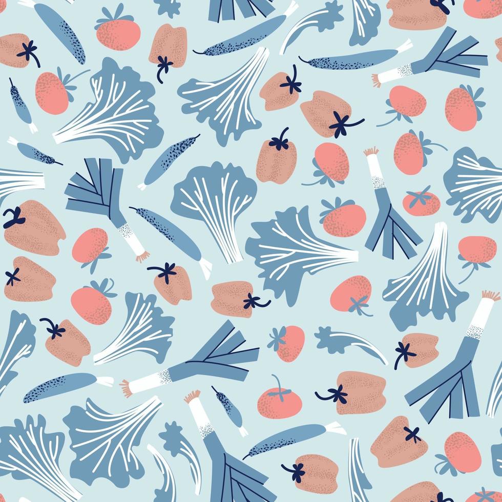 Seamless pattern vegetables leek, tomatoes, cucumbers pepper and lettuce in blue tones vector