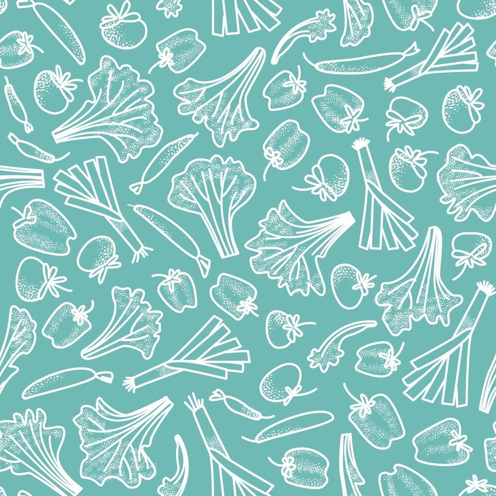 Seamless pattern of vegetables drawn by a white line on an aquamarine background vector