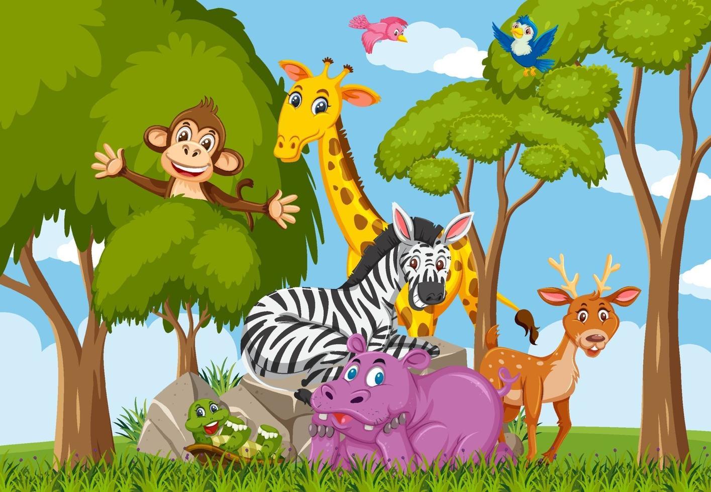personaje de dibujos animados de grupo de animales salvajes en el bosque vector