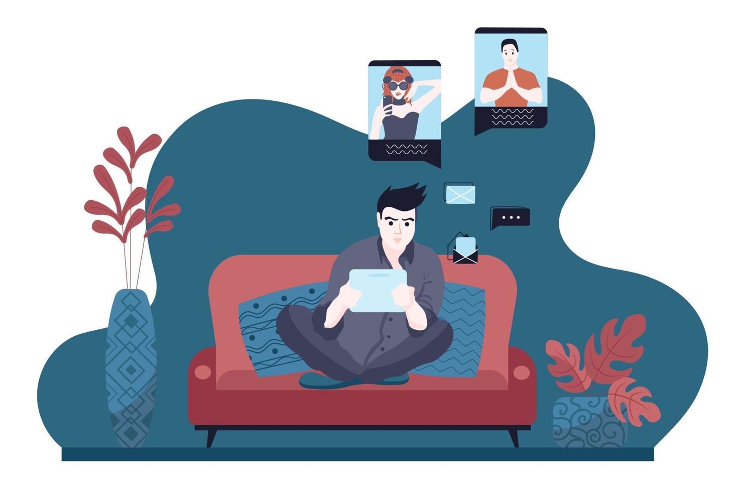 A young guy sits on the couch and communicates on social networks with friends on a tablet. Winter vacation, spending time at home online. Vector illustration