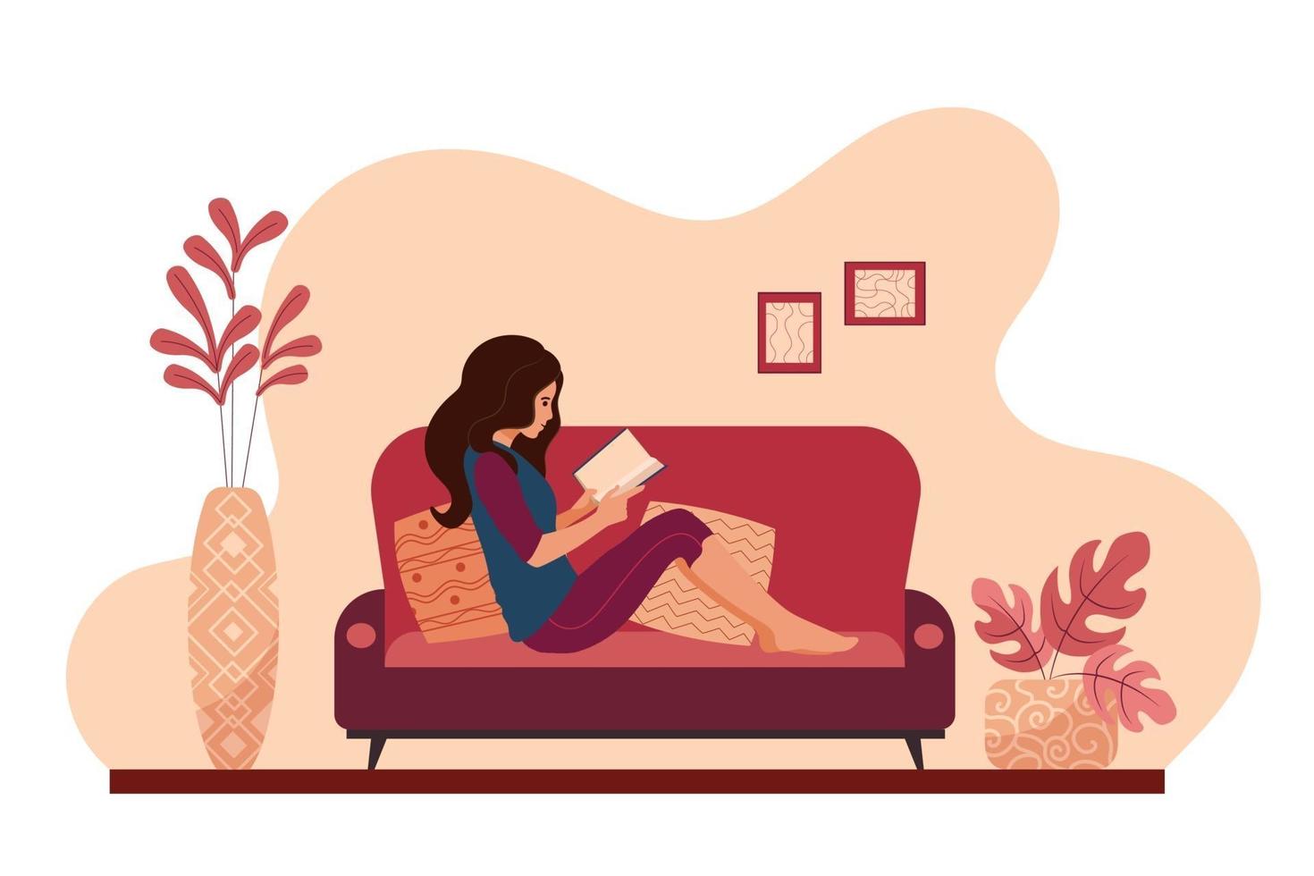 Young woman relaxing at home lying on the couch reading a book. Girl taking a break resting on the sofa of a cozy house. Female daily lifestyle vector illustration.