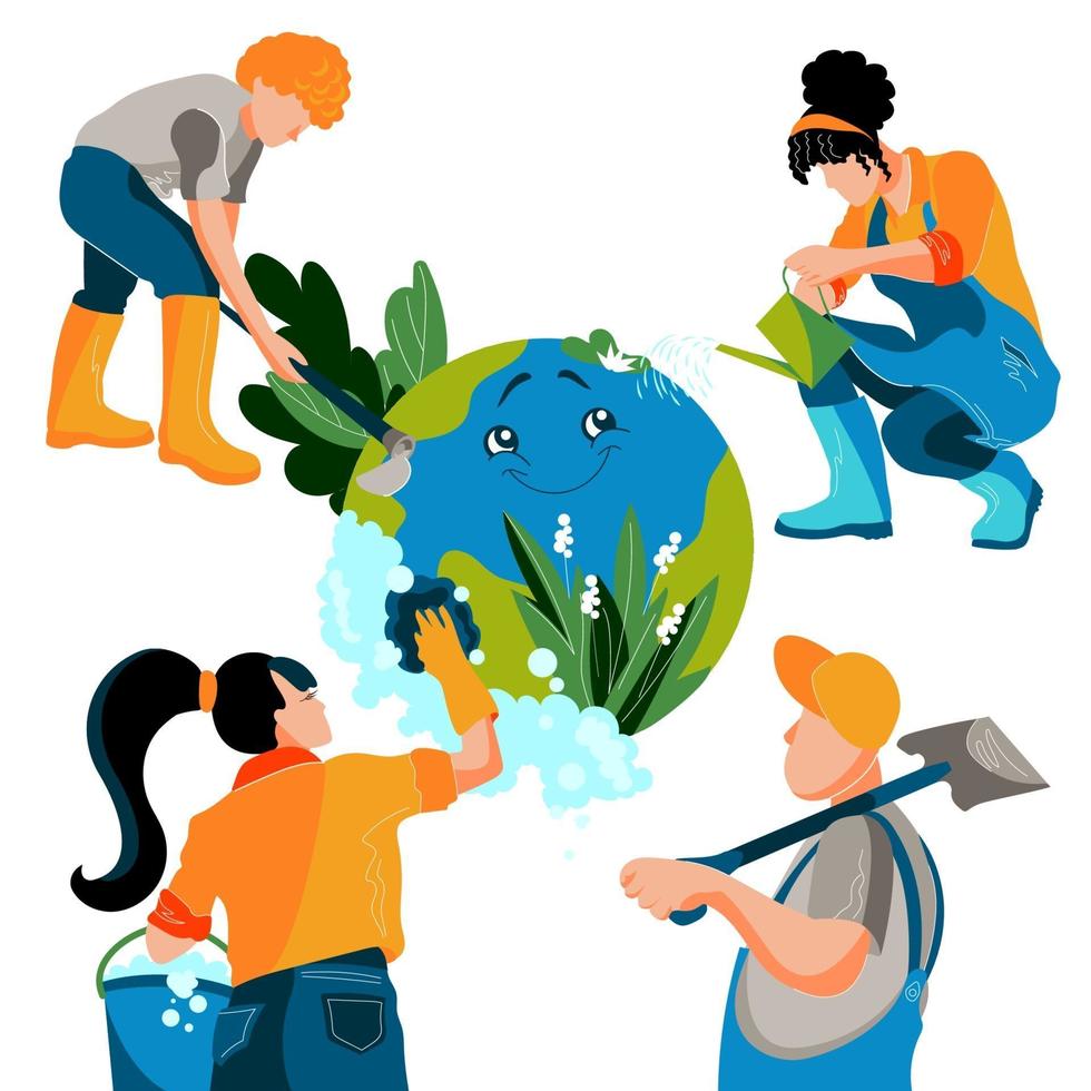 Group of people take care about ecology and saving Planet. Girls and men cleanse for the Earth and protect nature. Flat vector illustration